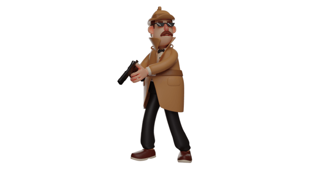 3D illustration. Professional Detective 3D Cartoon Character. The cool detective wears sunglasses and holds his trusty gun. The detective poses ready to shoot his fugitive. 3D cartoon character png
