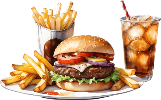 AI generated Watercolor painting of a delicious-looking Burger and fries. png