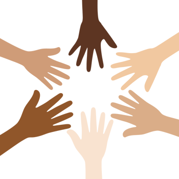 Flat design illustration of people with different skin colors putting their hands together. Unity concept. png