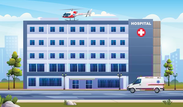Public hospital building with ambulance emergency car and helicopter. Medical clinic with city background landscape illustration vector