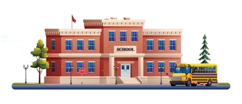 School building with school bus vector cartoon illustration isolated on white background