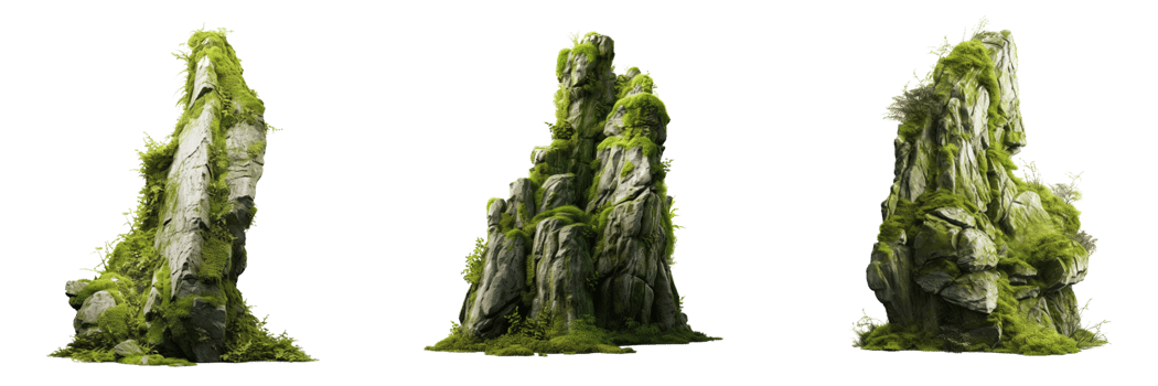 AI generated beautiful natural tall rock with moss on transparent background png