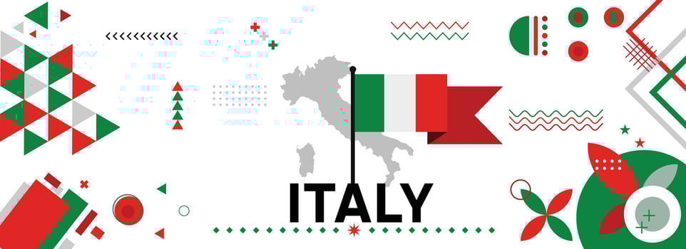 Italy national or independence day banner for country celebration. Flag and map of Italy with raised fists. Modern retro design with typorgaphy abstract geometric icons. Vector illustration.