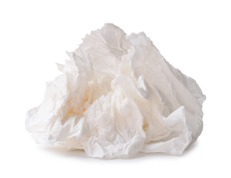 Single screwed or crumpled tissue paper or napkin in strange shape after use in toilet or restroom isolated with clipping path and shadow in png file format