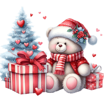 AI generated Cute cartoon bear with gift box and hearts.  AI png
