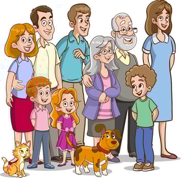 Vector Illustration of Big Happy Family Characters Stand Together, Smiling And Laughing, Radiating Love And Togetherness, With A Sense Of Belonging