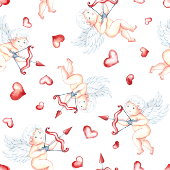 Seamless pattern with cute cupids with bow, arrows and hearts. Little angels. Hand-drawn watercolor illustration. For Valentine's day and wedding. For postcards, textiles, wrapping paper, packaging. png