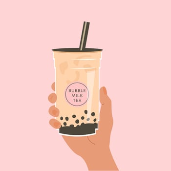 Hand holding a cup of famous Taiwanese bubble tea on pink background. Take away glass with sticker of pearl milk tea. Vector illustration for street asian drinks at night market. Advertisement banner.