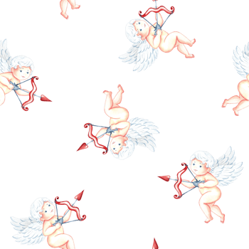 Seamless pattern with cute cupids with bow and arrow. Little angels. Hand-drawn watercolor illustration. For Valentine's day and wedding. For postcards, prints, textiles, wrapping paper, packaging. png