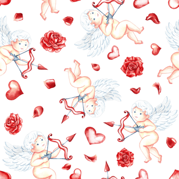 Seamless pattern with cute cupids with bow, arrows, hearts and roses. Hand-drawn watercolor illustration. For Valentine's day and wedding. For postcards, textiles, wrapping paper, packaging. png