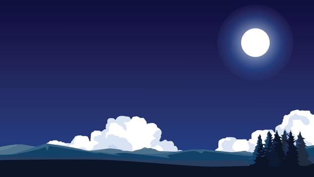 Background for presentation. Pine forest on hill meadow in the nighttime. Under mountain and night sky with white couds and moon light. Free space in the center for insert text. vector