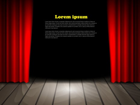 Theater stage with wooden floor and red curtains. vector