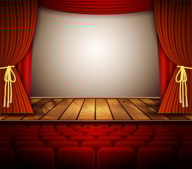 A theater stage with a red curtain, seats. vector