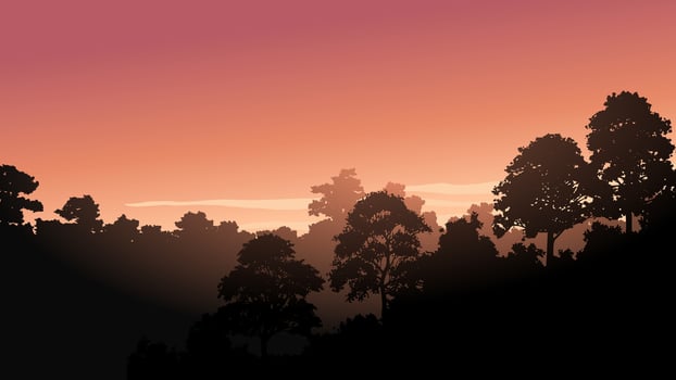 Minimalist sunrise landscape with forest silhouette vector