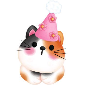 Watercolor cute baby calico cat with party hat illustration. Birthday animal party clipart. png