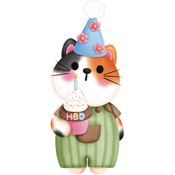 Watercolor cute calico cat with birthday cupcake illustration. Birthday party decoration. png
