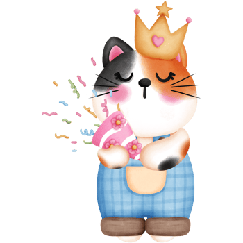 Watercolor cute baby calico cat with confetti and crown illustration. png