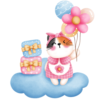 Cute baby calico cat sitting on cloud with colorful balloons a gifts illustration.Birthday party decoration. png