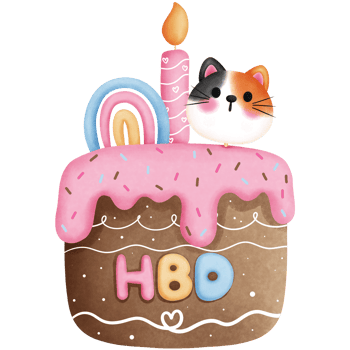 Watercolor birthday cake clipart.Birthday cake with strawberry cream and cute calico cat illustration. png