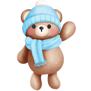 Watercolor happy baby boy teddy bear in blue scarf and beanie hat illustration. png