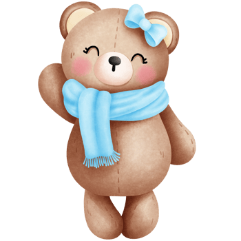 Cheerful watercolor cute baby teddy bear in blue scarf and bow illustration. png