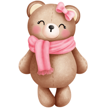 Watercolor valentine baby teddy bear in pink scarf and bow illustration.Cute baby teddy bear watercolor clipart. png