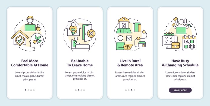 2D icons representing online therapy mobile app screen set. Walkthrough 4 steps colorful graphic instructions with line icons concept, UI, UX, GUI template. vector