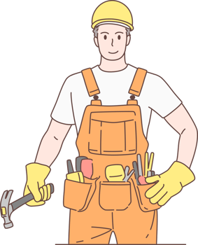 Illustration of handyman or builder character, standing and holding hammer. Hand drawn style. png