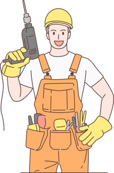 Illustration of handyman or builder character, standing and holding drill. Hand drawn style. png