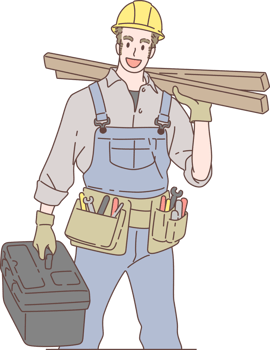 Illustration of handyman or builder character, holding tool box and carrying wooden planks. Hand drawn style. png