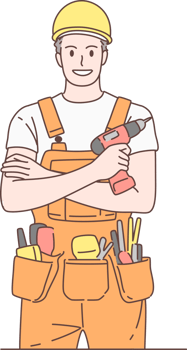 Illustration of handyman or builder character, standing and holding drill. Hand drawn style. png
