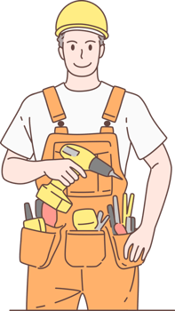Illustration of handyman or builder character, standing and holding drill. Hand drawn style. png