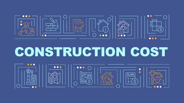 2D construction cost text with various thin line icons concept on dark blue monochromatic background, editable 2D vector illustration.