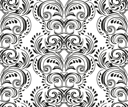 Black and white damask seamless pattern. Background texture with goblin. Vector hand drawn tapestry. Template for design ornament fabric, textile, fashion, wallpaper, surface design