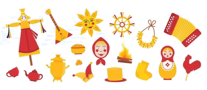 Set of elements for Maslenitsa Pancake Week. Doll in ethnic dress with straw head. Samovar, accordion, folk sun, balalaika and bublik. Traditional Winter Festival. Slavic Holiday Shrovetide. Vector. vector