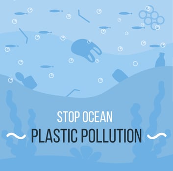 Ocean with aquatic animals and plastic garbage floating in water. Environmental issue or ecology problem of marine pollution, rubbish in sea. Vector illustration in flat cartoon style.