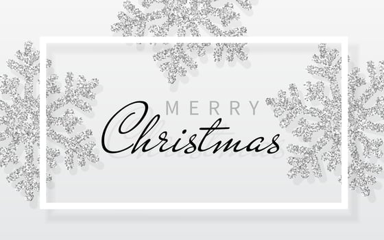 Christmas background with shining silver snowflakes and white frame. Merry Christmas and Happy New Year card. Vector Illustration