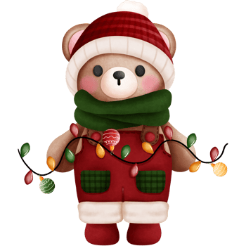 Watercolor cute baby teddy bear in christmas outfits with colorful string lights clipart. png