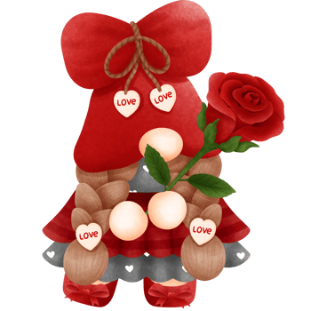 Adorable watercolor red valentine gnome girl clipart with red rose flower.Gnome lover clipart. png