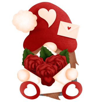Adorable watercolor red valentine gnome boy sitting with red roses love letter.Gnome lover clipart. png