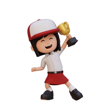 3D girl character celebrating win holding a trophy png