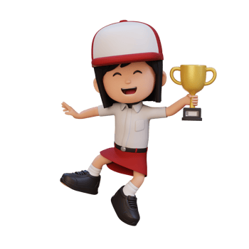 3D girl character celebrating win holding a trophy png