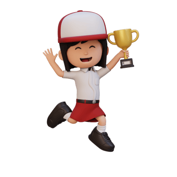 3D girl character celebrating win holding a trophy png
