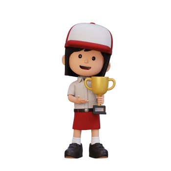 3D girl character celebrating win holding a trophy png