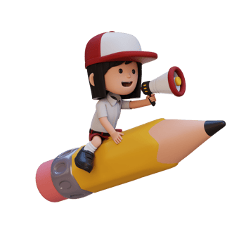 3D girl character riding a pencil and holding megaphone png