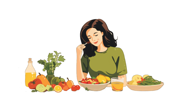 Female Characters Eating Healthy Food. Women with Fruits and Vegetables Source of Energy and Health, Vegetarian Diet Isolated on transparent background. Cartoon People Illustration png
