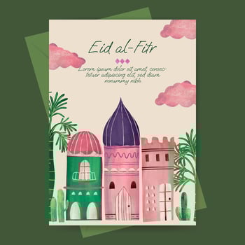 Islamic greeting card with mosque and plant illustration for ramadan  eid mubarak  islamic day. vector