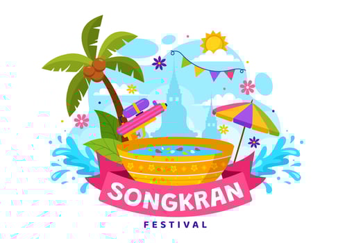 Happy Songkran Festival Day Vector Illustration with Kids Playing Water Gun in Thailand Celebration in National Holiday Flat Cartoon Background