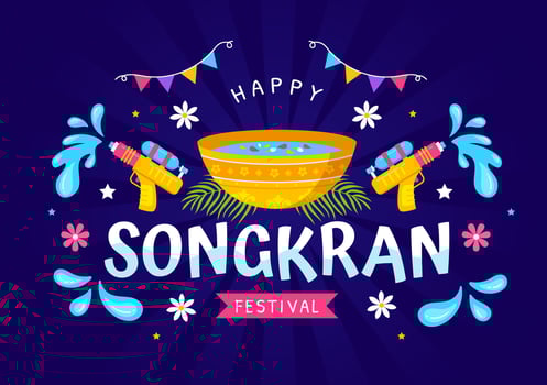 Happy Songkran Festival Day Vector Illustration with Kids Playing Water Gun in Thailand Celebration in National Holiday Flat Cartoon Background