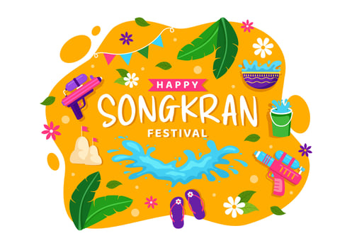 Happy Songkran Festival Day Vector Illustration with Kids Playing Water Gun in Thailand Celebration in National Holiday Flat Cartoon Background
